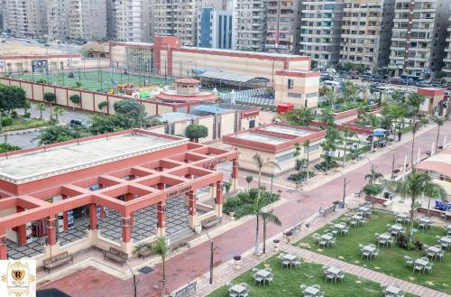an overhead view of a city with buildings and a street at Rehana Plaza Hotel in Cairo