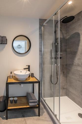 a bathroom with a sink and a shower at De Heerlijkheid van Noordwelle Adults Only in Noordwelle