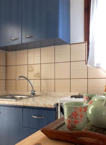 a kitchen with a sink and two cups on a table at Christaras Apartments in Vourvourou