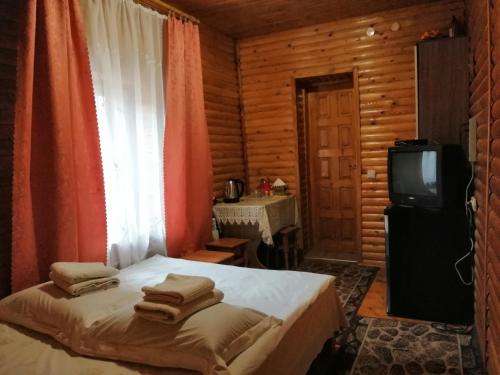 1 dormitorio con 1 cama, TV y mesa en Садиба Каньйон, en Kamianets-Podilskyi