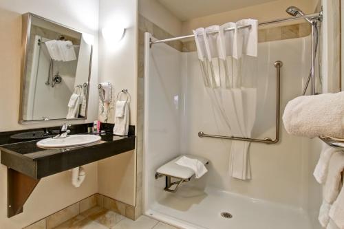 a bathroom with a shower and a sink and a toilet at Canalta Hotel Tisdale in Tisdale