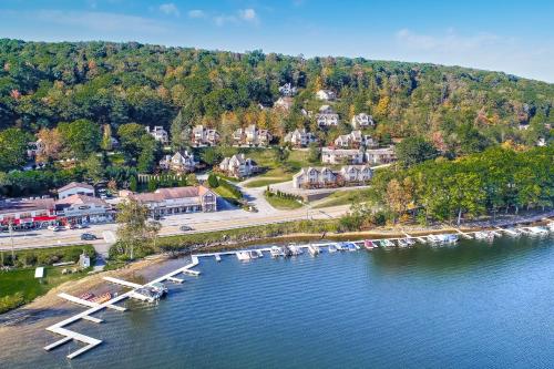 an aerial view of a lake with a dock at Jeffrey Lane Condos in Thayerville