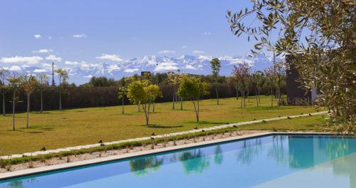 a swimming pool with a field and mountains in the background at Villa Jardins D'Isa in Marrakech