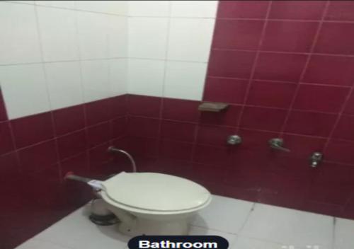 a bathroom with a toilet in a red and white tiled wall at Hotel Krishna in Silvassa