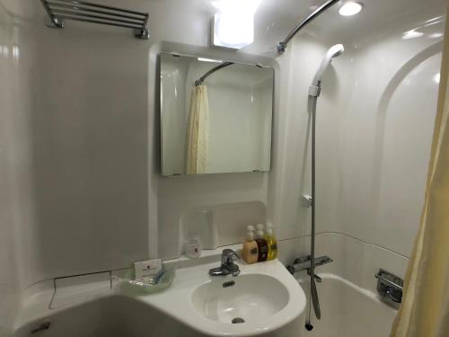 ein Badezimmer mit einem Waschbecken, einem Spiegel und einer Badewanne in der Unterkunft Hotel Crown Hills Kamaishi in Kamaishi