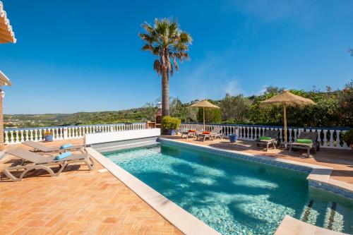 a swimming pool with patio furniture and a palm tree at Casa Amada - Private Villa - Heated pool - Free wifi - Air Con in Silves