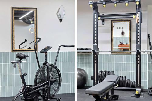 two pictures of a gym with a bike and a mirror at Hotel Giò; BW Signature Collection in Solna