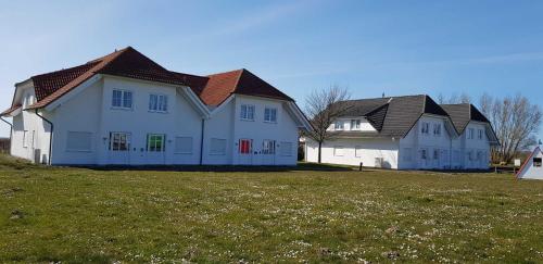 a row of white houses on a grass field at Ferienwohnung Sonne Nr_ 4 in Neddesitz