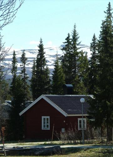 a red house in front of some trees at Fjällriket Baggården in Baggården