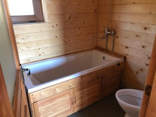 a bath tub in a wooden bathroom with a toilet at Kozichky Guest House in Tatariv