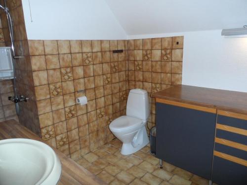 a bathroom with a toilet and a sink at Logi i hus med kunst og have in Vestervig
