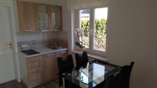 cocina con mesa, fregadero y ventana en Apartma Golob, en Zgornja Kungota