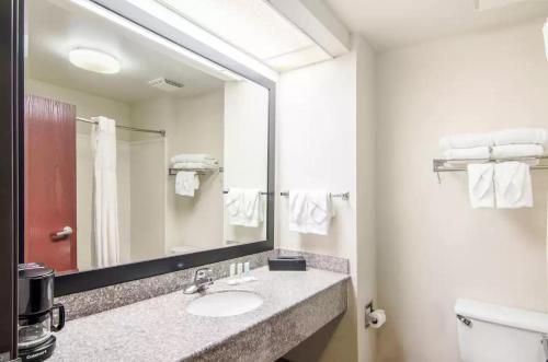 a bathroom with a sink and a mirror and a toilet at Quality Inn Saraland in Saraland