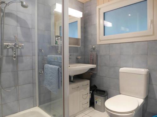 a bathroom with a toilet and a sink and a shower at Holiday Home Chalet Guldeli by Interhome in Kandergrund