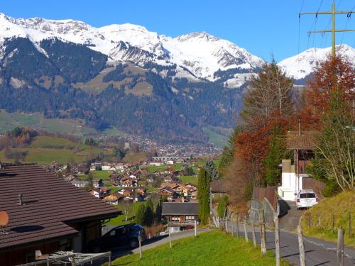 a small town with snow capped mountains in the background at Holiday Home Chalet Guldeli by Interhome in Kandergrund