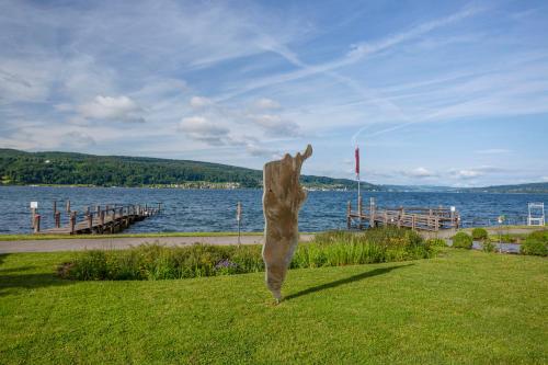 a statue in the grass next to a body of water at Strandhotel Löchnerhaus in Reichenau