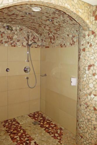 a shower in a bathroom with a stone wall at Saunahaus Gröbming in Gröbming