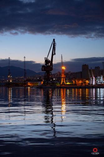 a crane sitting in the middle of a body of water at Deluxe Ploech in Rijeka