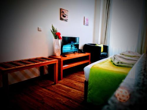 a bedroom with a bed and a table with a tv at Casa dos Avós Apartments in Funchal