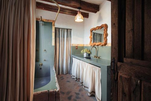 a bathroom with a blue sink and a shower at Mesón Hidalgo in San Miguel de Allende