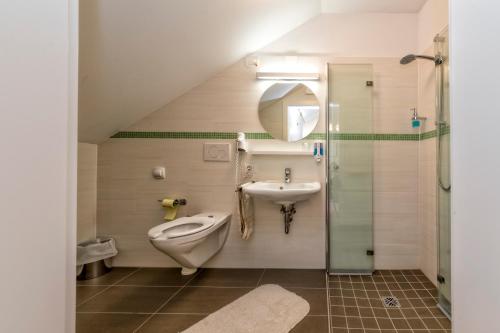 e bagno con lavandino, servizi igienici e doccia. di Hotel Brückenwirt a Novacella