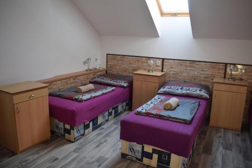 two beds in a room with purple sheets at Ubytování u Šveců u Adršpachu in Jívka