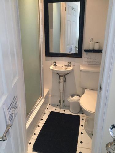 a bathroom with a sink and a toilet and a mirror at The Mayfair Hotel in Great Yarmouth