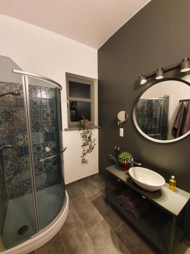 a bathroom with a shower and a sink and a mirror at Valet Apartment in Mārupe