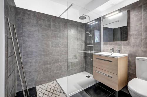 une salle de bain avec une douche, un lavabo et des toilettes dans l'établissement LE STUDIO 35 - charme, parking & proche lac, à Annecy