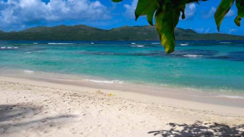a beach with the ocean and mountains in the background at Villa Ibiscus in Las Galeras