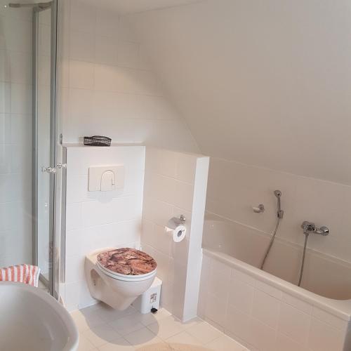 a bathroom with a toilet and a tub and a sink at Ferienwohnung Goldene Höhe in Rechenberg-Bienenmühle