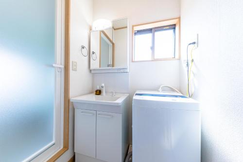 a white bathroom with a sink and a mirror at Furaku-Dog in Fujikawaguchiko