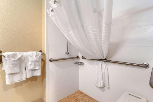 a bathroom with a shower with a curtain and a toilet at Comfort Inn & Suites South Hill I-85 in South Hill