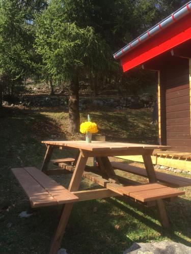 a wooden picnic table with a vase of flowers on it at Chalet Le Cactus avec sauna privatif in Le Ménil