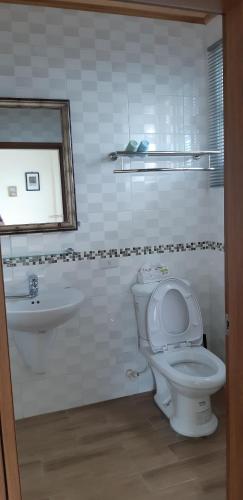 a white bathroom with a toilet and a sink at Hakka Eco-farm 雅歌園民宿食農教育有機農場 in Wanluan