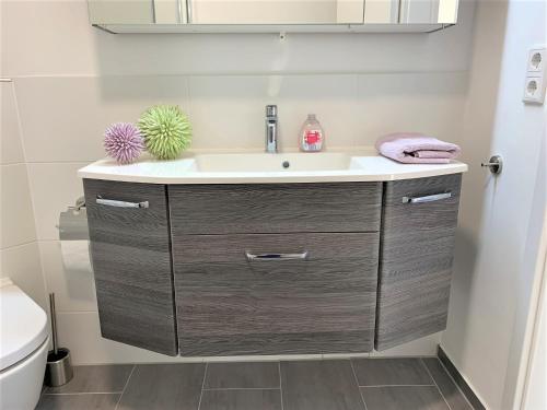 a bathroom with a sink and a toilet at Top Modernes 1-Zimmer-Apartment mit Küche, Parkplatz, kostenfreiem WLAN und Netflix in Bad Soden-Salmünster