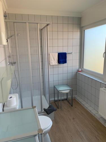 a bathroom with a shower and a toilet and a window at Haus Kamp in Tinnum
