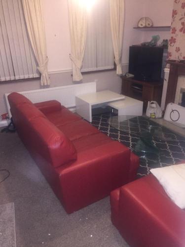 a living room with a red couch and a television at Beautiful Home Near Worcester Royal Hospital in Hindlip