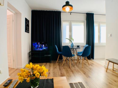 Televízia a/alebo spoločenská miestnosť v ubytovaní Apartament Niedźwiadek