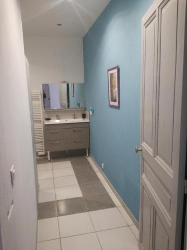 La salle de bains est pourvue d'un lavabo et d'un mur bleu. dans l'établissement appartement villa Marie Fanny, à Arles