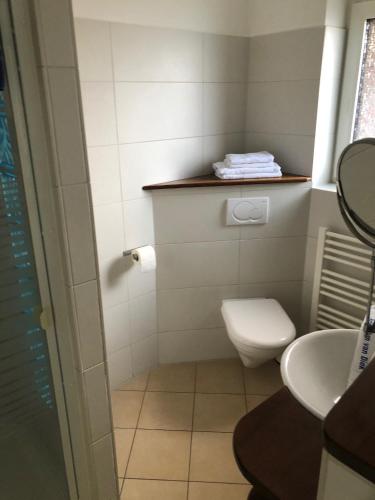 a small bathroom with a toilet and a sink at Wohlfühlhotel Hörn van Diek Garni mit Schwimmbad in Bensersiel