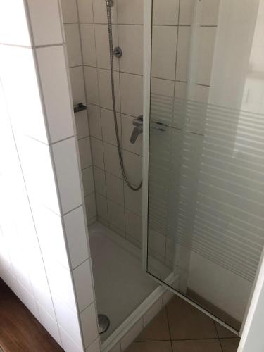 a shower with a glass door in a bathroom at Wohlfühlhotel Hörn van Diek Garni mit Schwimmbad in Bensersiel