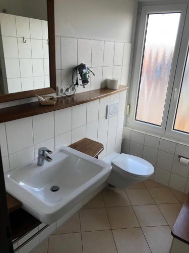 a bathroom with a sink and a toilet at Wohlfühlhotel Hörn van Diek Garni mit Schwimmbad in Bensersiel
