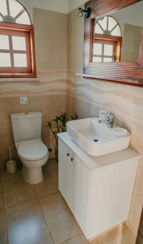 a bathroom with a sink and a toilet and a mirror at Coralsunset Property Management Ltd in Coral Bay