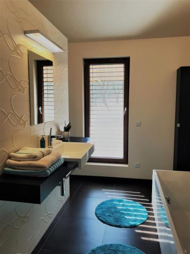 a bathroom with a sink and a large mirror at Dům nad Pržnem in Jablŭnka
