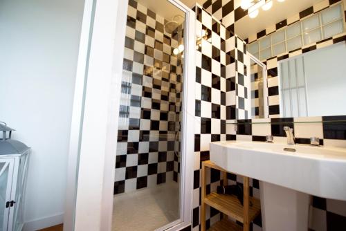 a bathroom with a sink and a mirror at Rouen ECO LODGES maison entière avec terrasse dans jardin potager piscine parking in Rouen