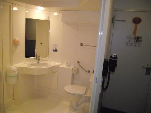 a bathroom with a sink and a toilet and a mirror at Quick Palace Le Mans in Saint-Saturnin