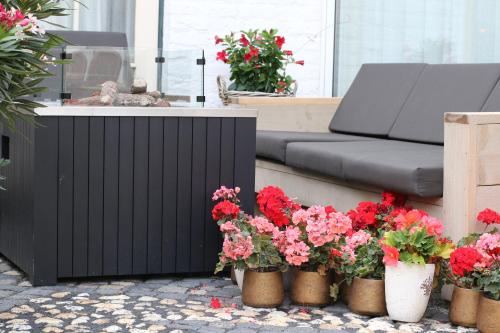 a group of potted flowers on a patio with a couch at Hotel Crasborn Thorn in Thorn