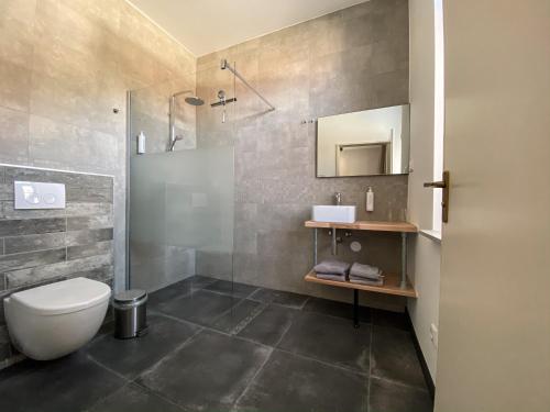 a bathroom with a toilet and a sink and a shower at Hotel Crasborn Thorn in Thorn