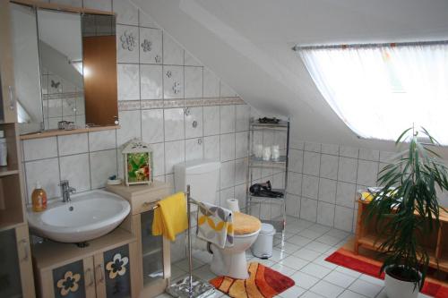 La salle de bains est pourvue d'un lavabo et de toilettes. dans l'établissement Ferienwohnungen Alt, à Naumburg
